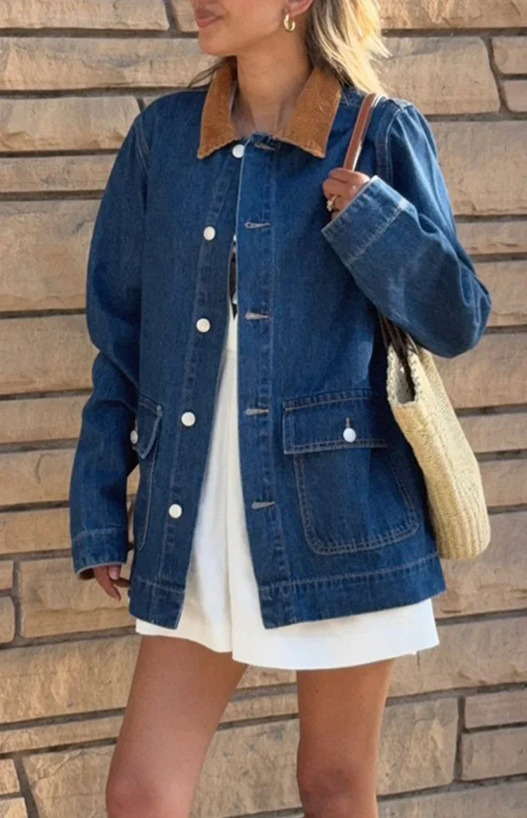 Hendrick Mid Wash Denim Cord Trim Oversized Jacket