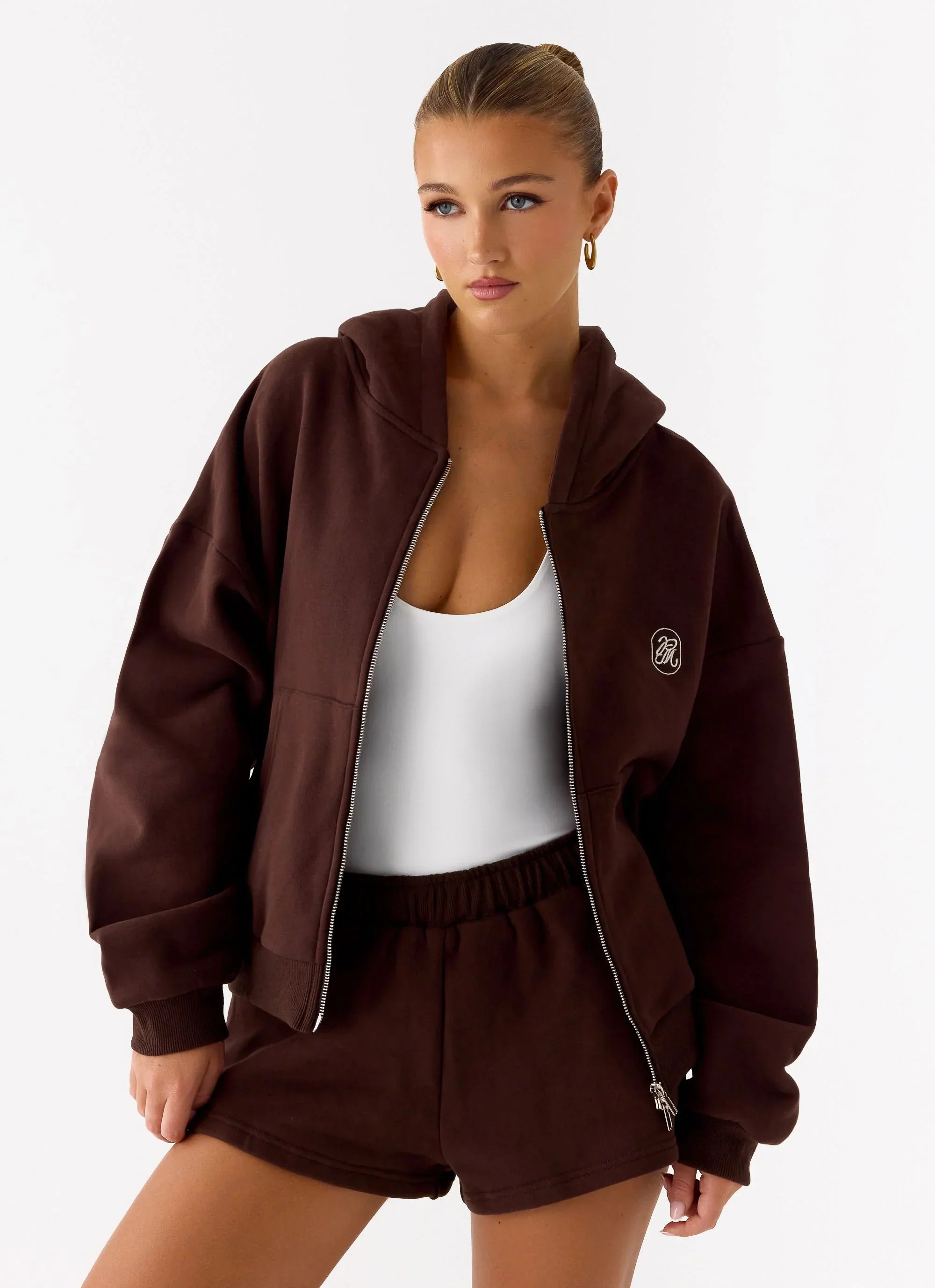 Signature Double Zip Up Hoodie - Chocolate